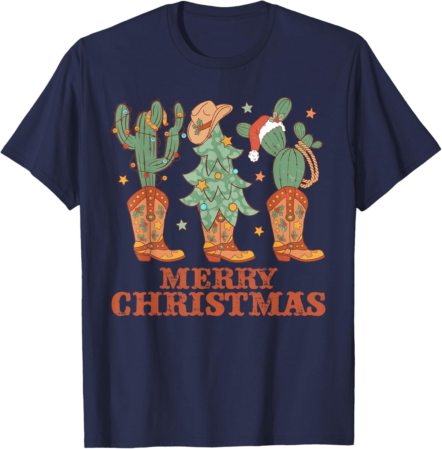 Cowboy Boots Christmas Tree Lights Western Merry Christmas T-Shirt - T-Shirt | Navy