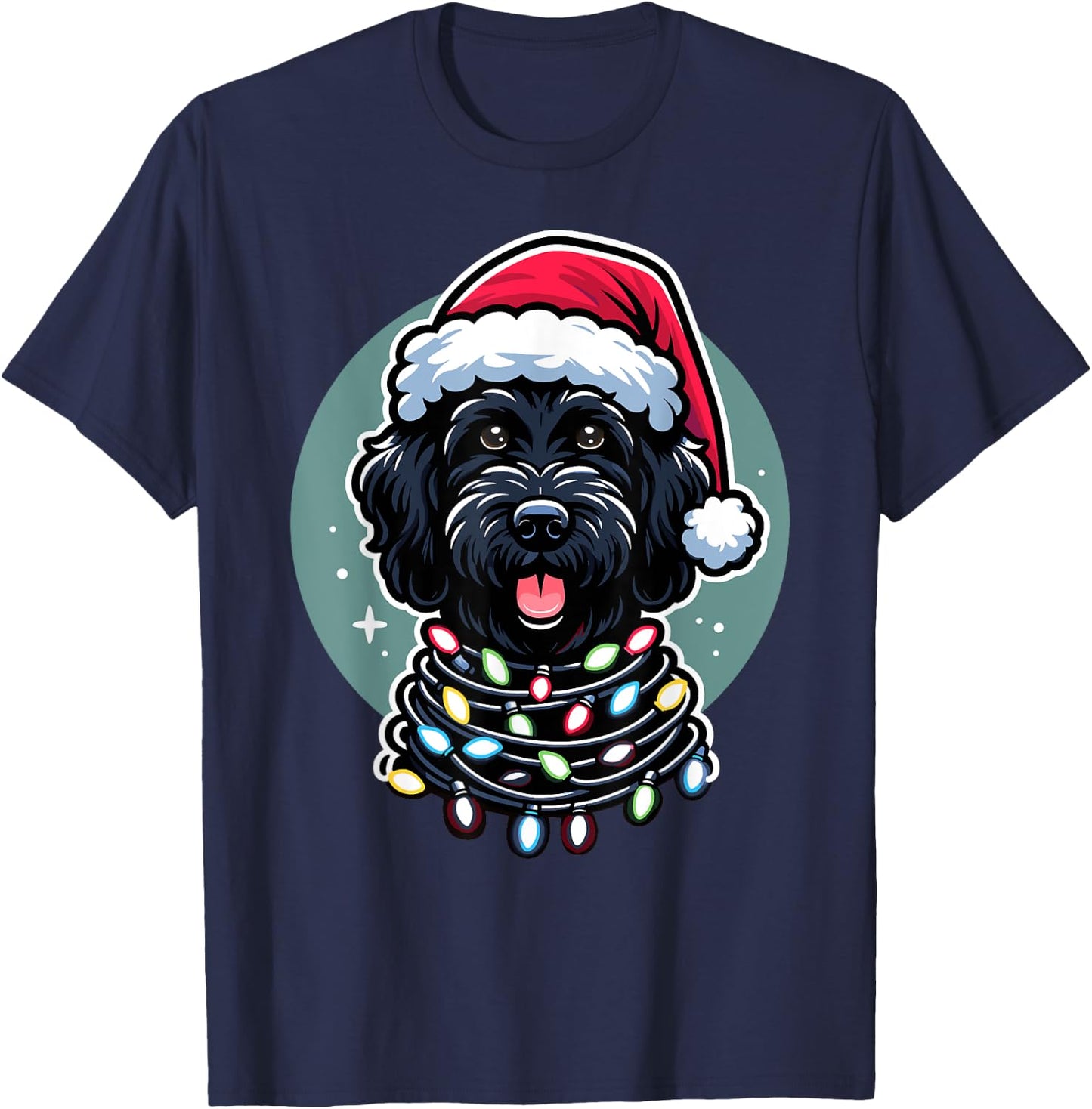 Black Labradoodle Christmas Tree Xmas Lights Doodle Dog Men Women Kids T-Shirt - T-Shirt | Navy