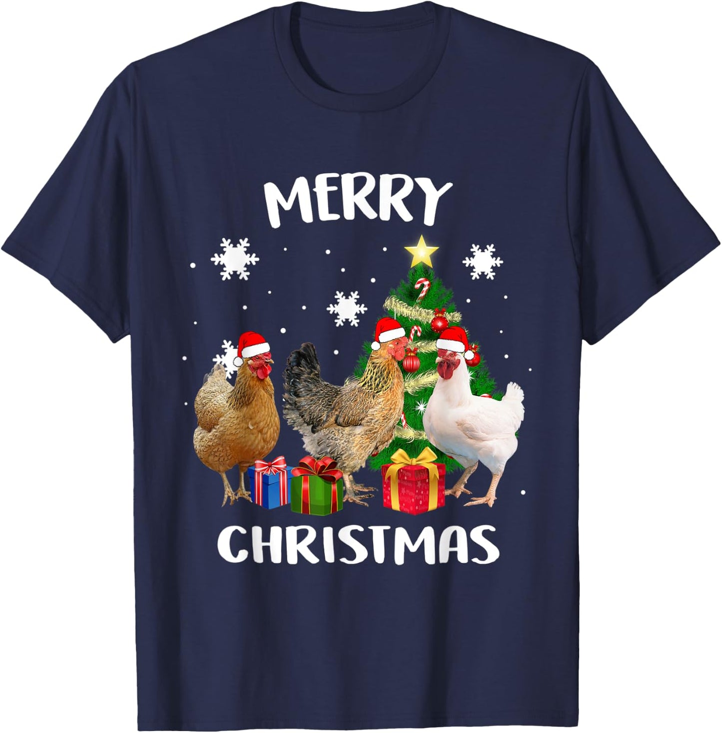 Funny Ugly Chicken Christmas Tree Shirt Santa Hat Hen Lovers T-Shirt - T-Shirt | Navy