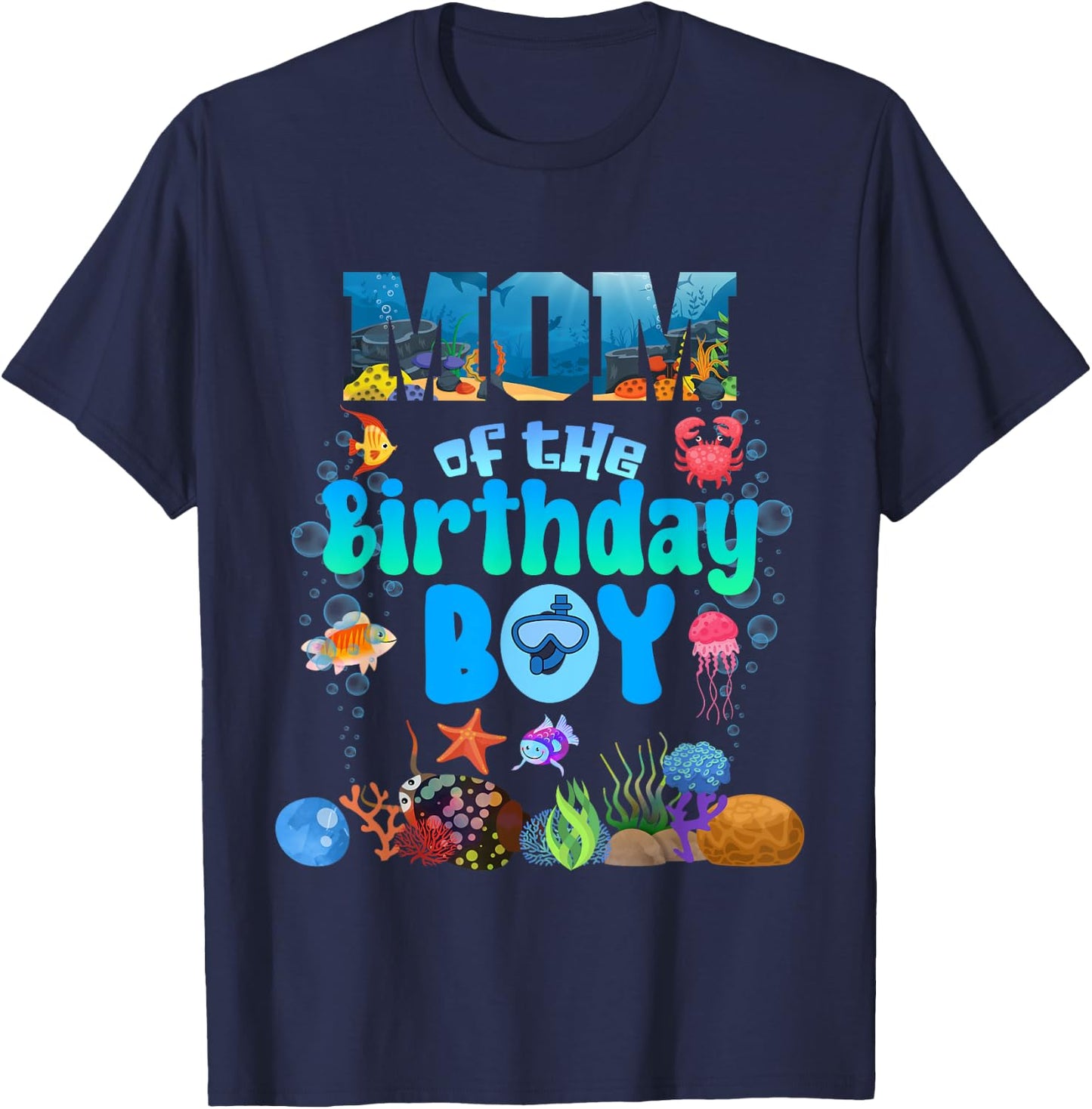 Mom Of The Birthday Boy Aquarium Sea Animals Matching T-Shirt - T-Shirt | Navy
