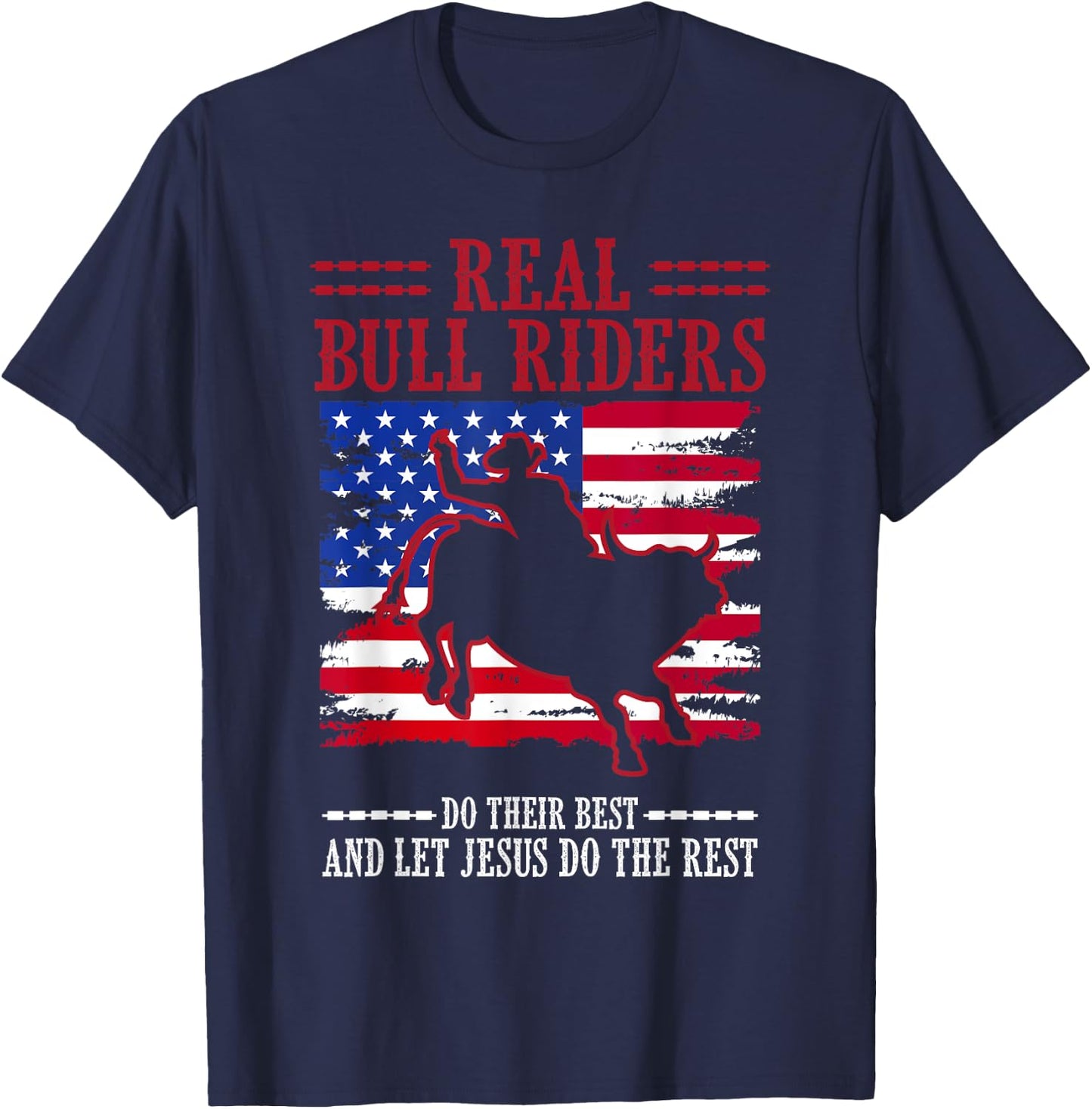 Bull Riding American Flag Rodeo Patriotic Christian Rider T-Shirt - T-Shirt | Navy