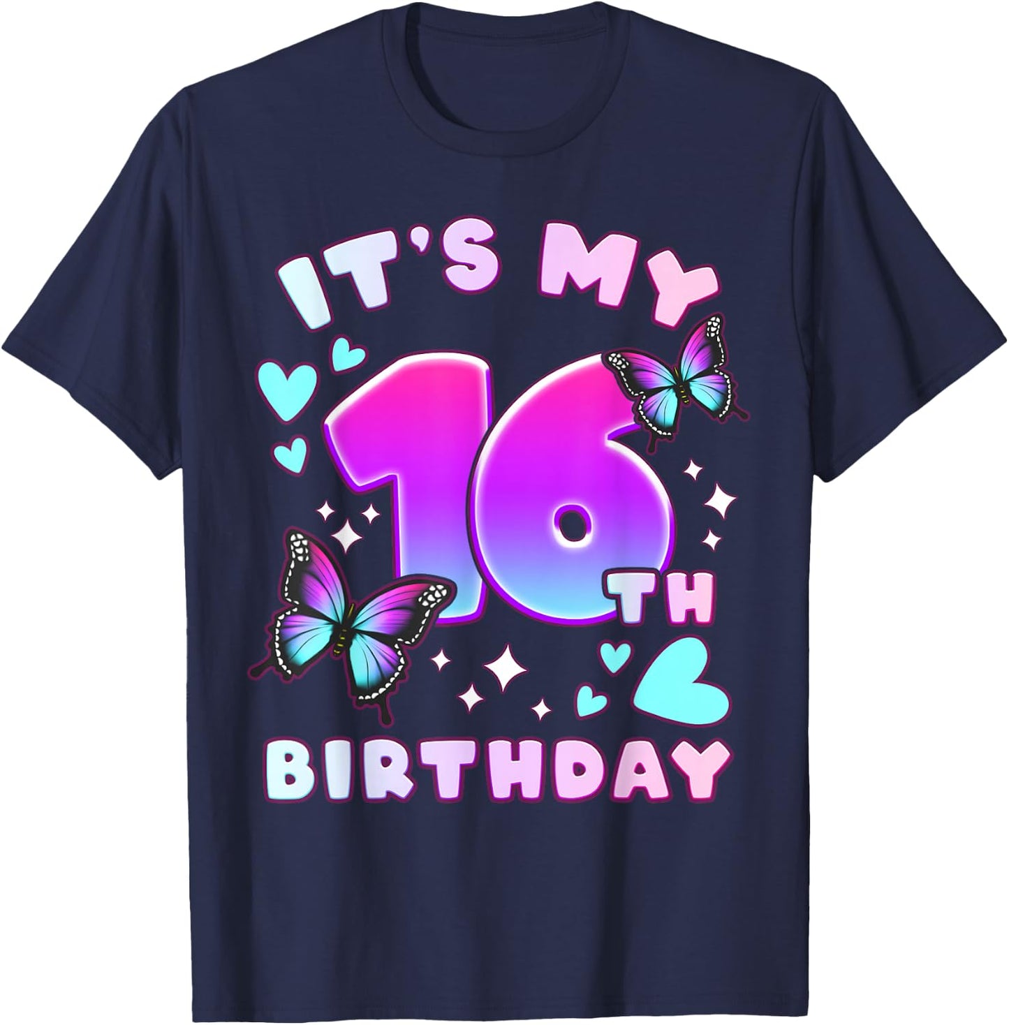 16th Birthday, Girl 16 years, Butterflies and Number 16 T-Shirt - T-Shirt | Navy