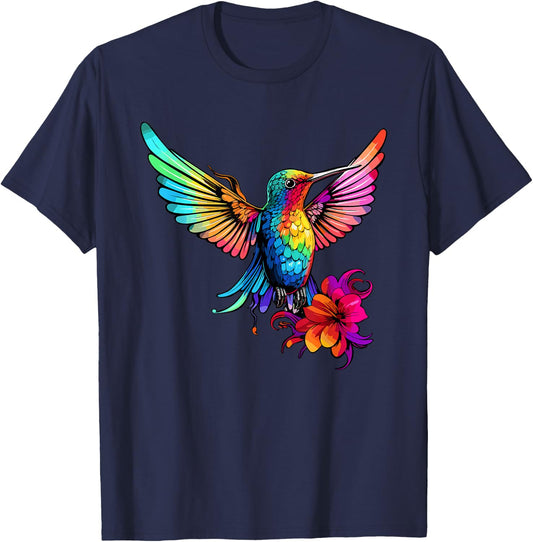 Colorful Hummingbird Art Tie-Dye Bird Watching T-Shirt - T-Shirt | Navy