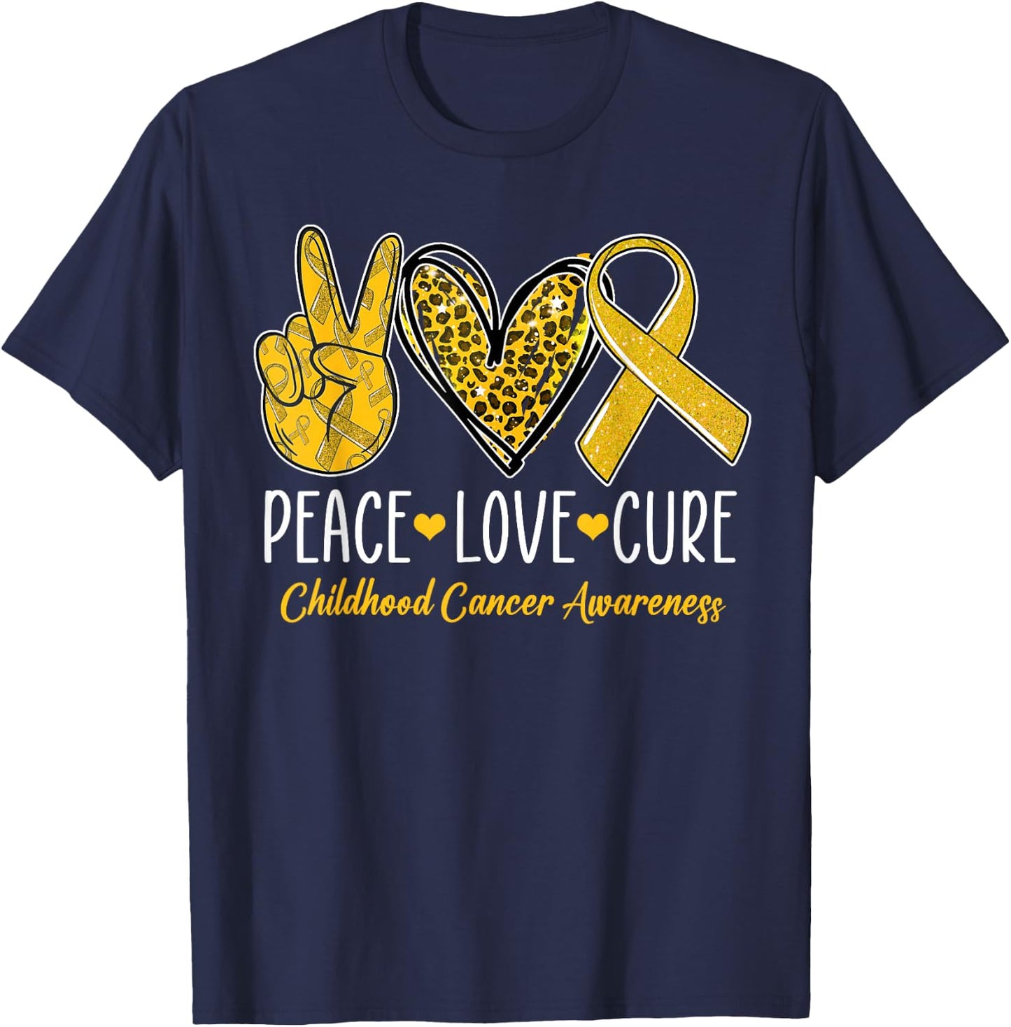 Peace Love Cure Childhood Cancer Awareness Gold Ribbon T-Shirt - T-Shirt | Navy