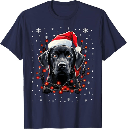 Black Labrador Christmas Lights Santa Hat Xmas Pajama T-Shirt - T-Shirt | Navy