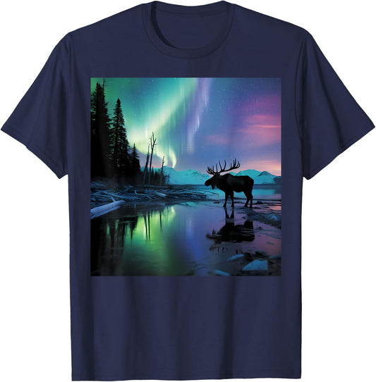 Alaska Aurora Borealis Moose Aesthetic Core Photo Souvenir T-Shirt - T-Shirt | Navy