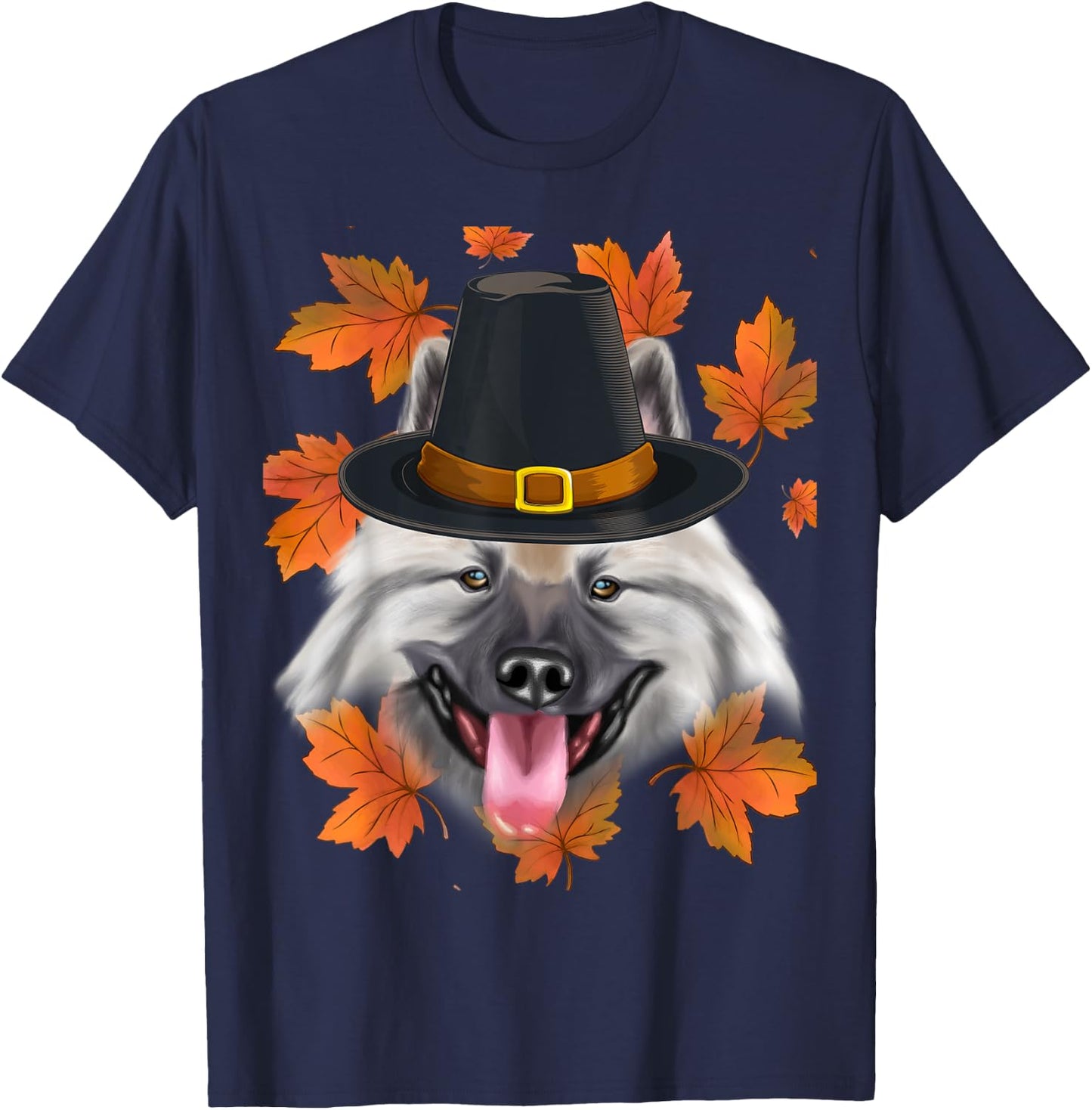 Fall Keeshond Pilgrim Thanksgiving T-Shirt - T-Shirt | Navy