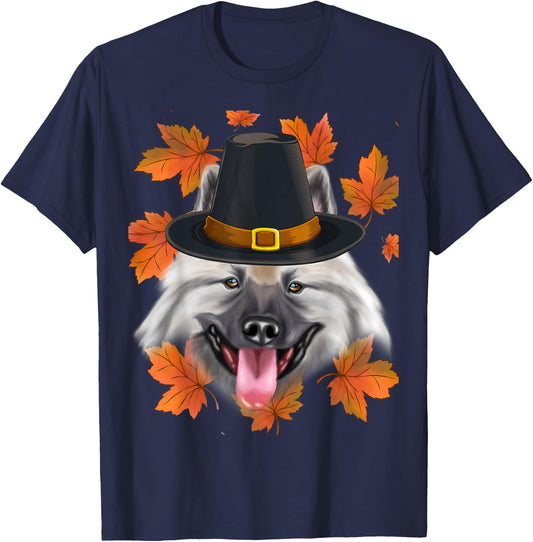 Fall Keeshond Pilgrim Thanksgiving T-Shirt - T-Shirt | Navy