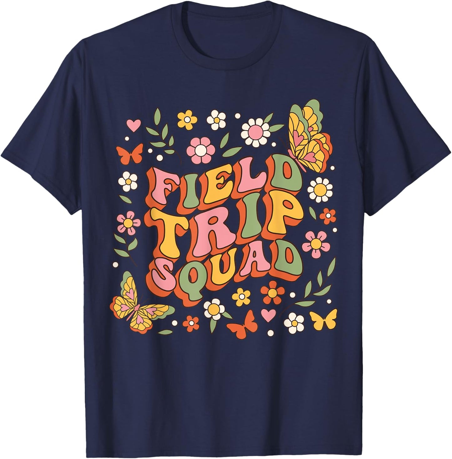 Groovy Field Trip Squad Hippie Butterfly School Field Day T-Shirt - T-Shirt | Navy