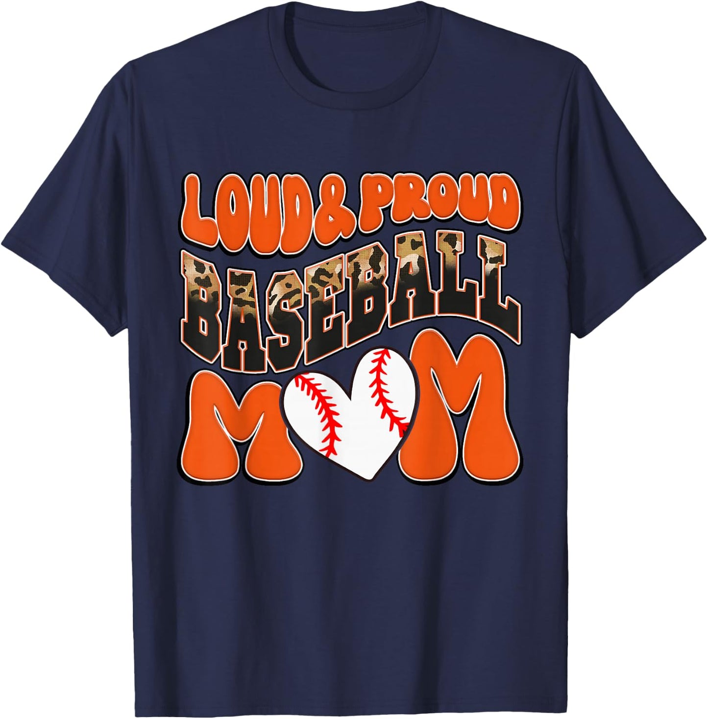 Loud Proud Baseball Mom Orange Team Leopard Baseball Mom T-Shirt - T-Shirt | Navy