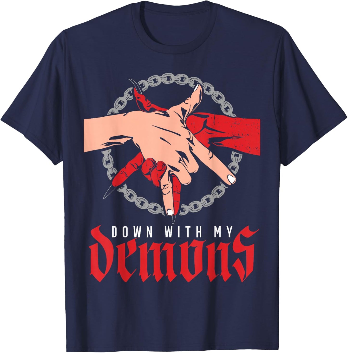 Down with My Demons Deal Handshake Aesthetic Humour Goth T-Shirt - T-Shirt | Navy