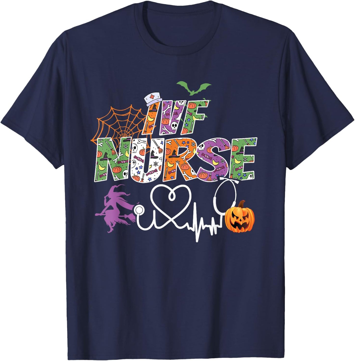 IVF Nurse Halloween Spooky Season Nursing Ghost Stethoscope T-Shirt - T-Shirt | Navy