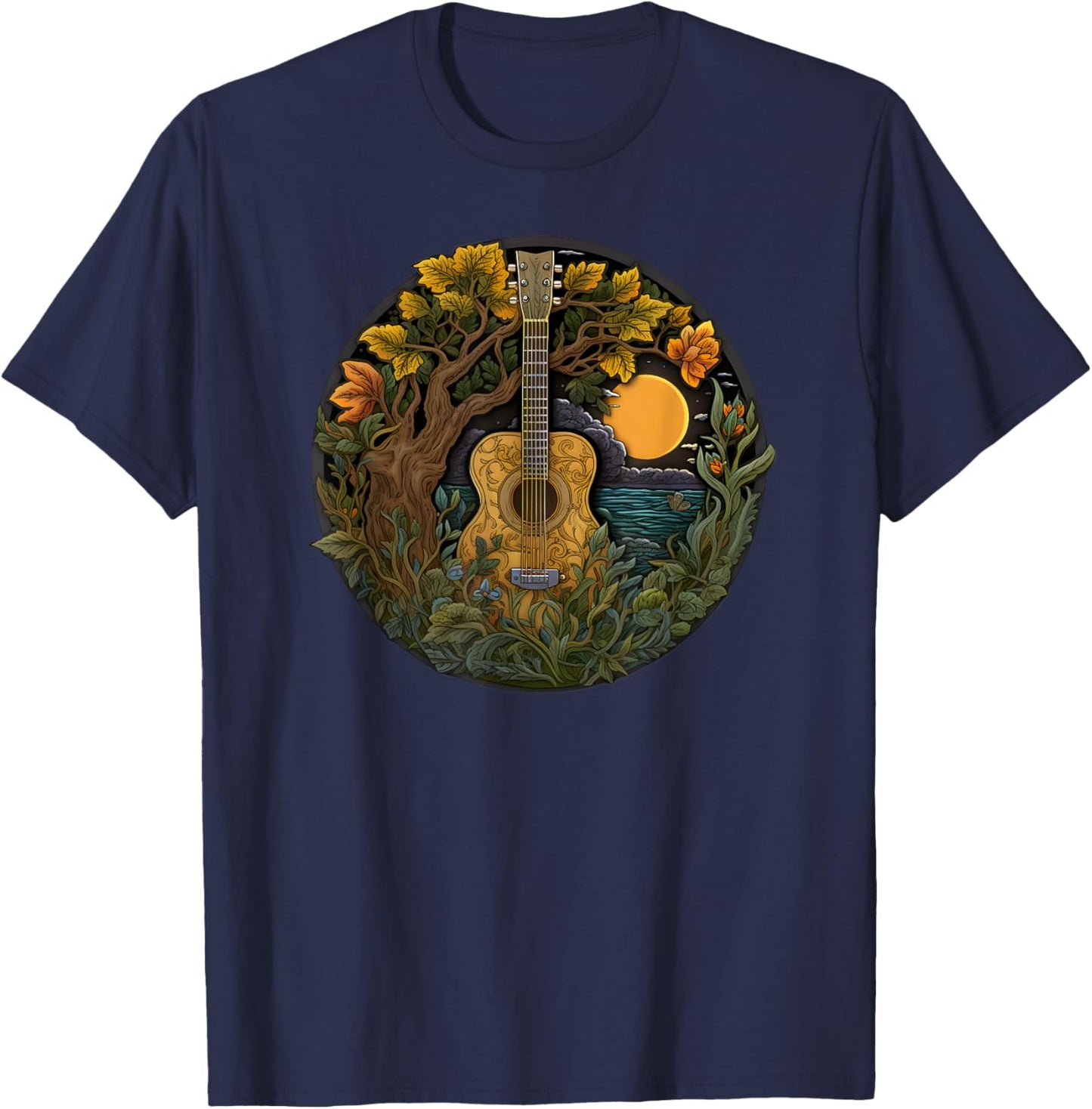 Acoustic Guitar Tree Guitarist Landscape Nature Music Lover T-Shirt - T-Shirt | Navy