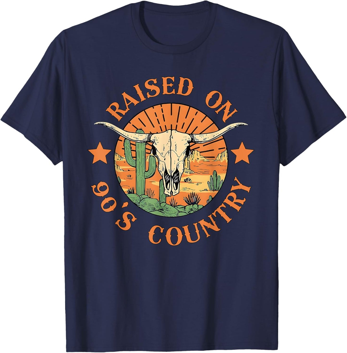 Raised On 90s Western Country Music Cow Skull Cowboy Cowgirl T-Shirt - T-Shirt | Navy