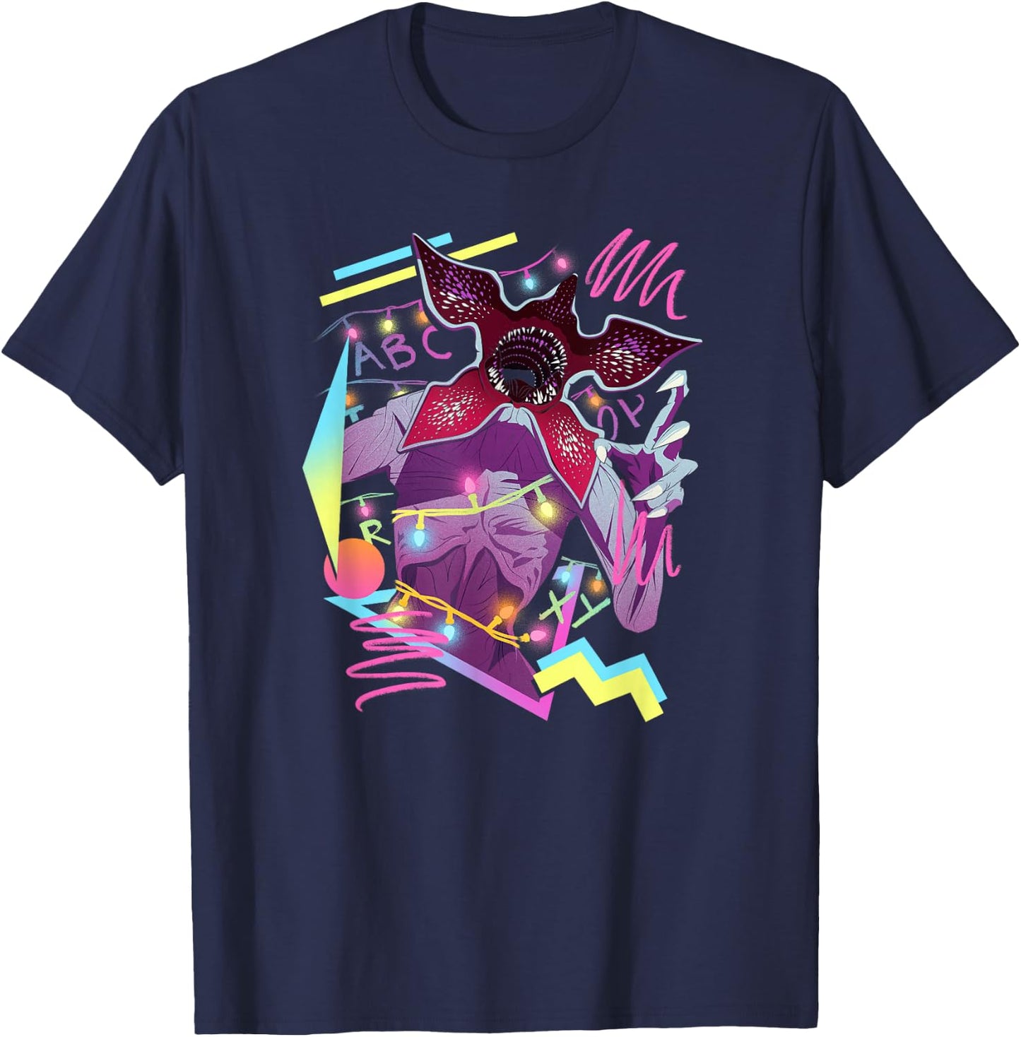 Stranger Things Demogorgon Neon 80's Style Retro Logo T-Shirt - T-Shirt | Navy
