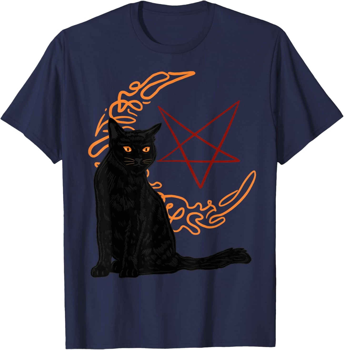 Crescent Moon Goth Pentagram Witch Bombay Cat T-Shirt - T-Shirt | Navy