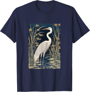 Vintage Japanese Fine Art Crane, Bamboo and Iris Koryusai T-Shirt - T-Shirt | Navy