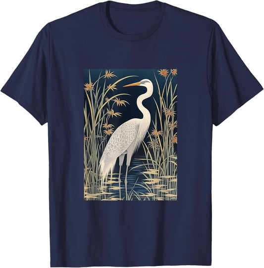 Vintage Japanese Fine Art Crane, Bamboo and Iris Koryusai T-Shirt - T-Shirt | Navy