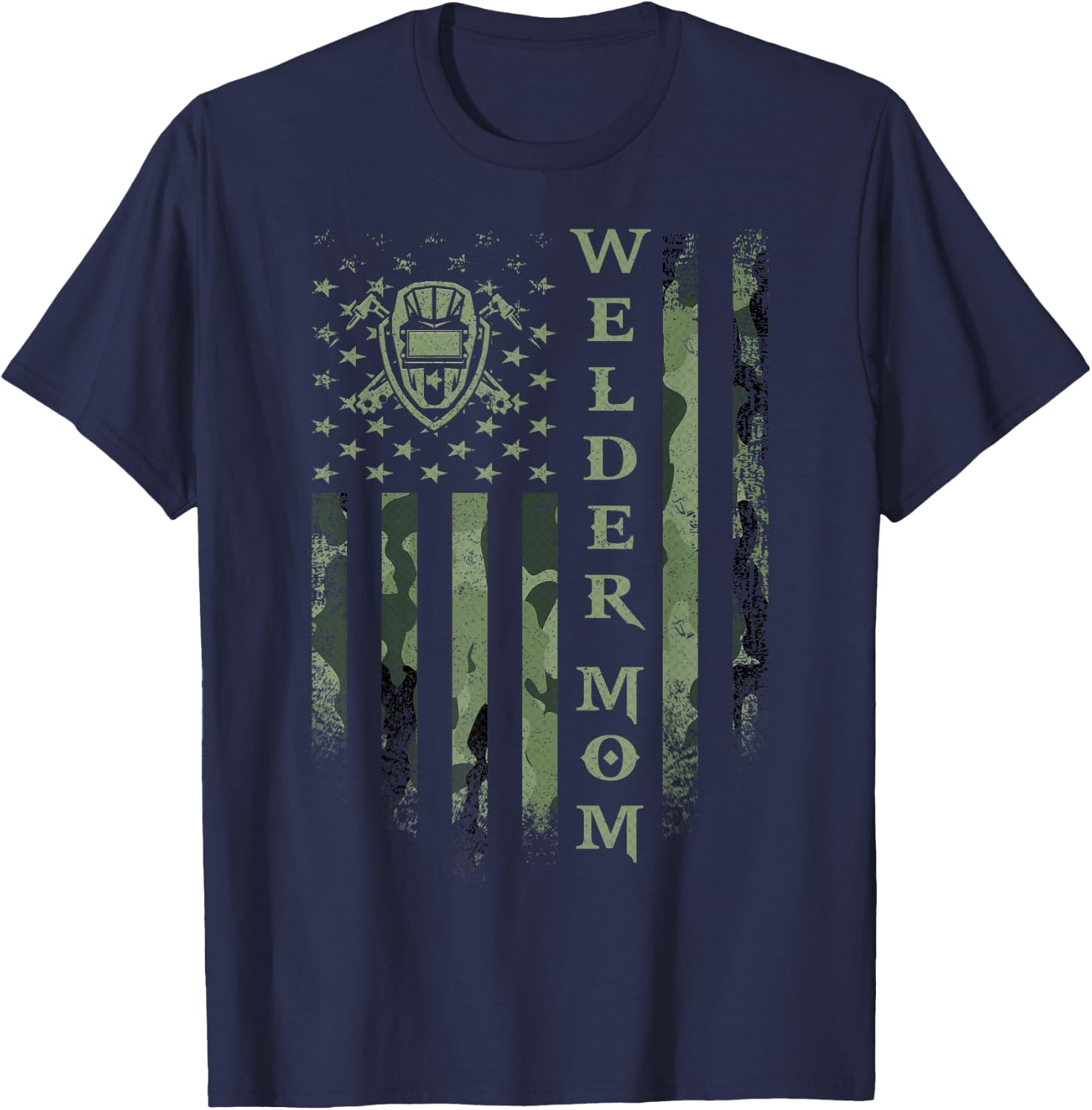 Vintage USA Camo Flag Proud Welder Mom Welding Silhouette T-Shirt - T-Shirt | Navy