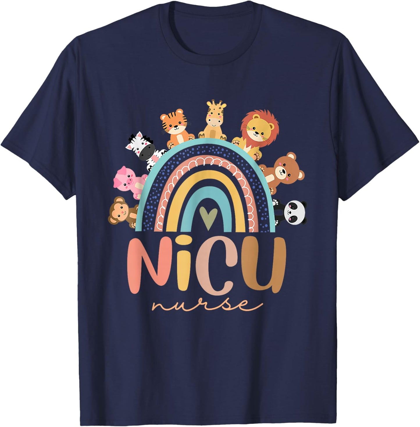 Nicu Nurse Rainbow Animal Neonatal Nicu Nurse Appreciation T-Shirt - T-Shirt | Navy