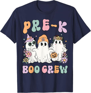 Pre-K Boo Crew Groovy Halloween Floral Ghost Pre K Teacher Men Women Kids T-Shirt - T-Shirt | Navy