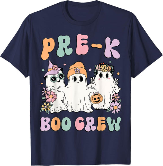 Pre-K Boo Crew Groovy Halloween Floral Ghost Pre K Teacher Men Women Kids T-Shirt - T-Shirt | Navy