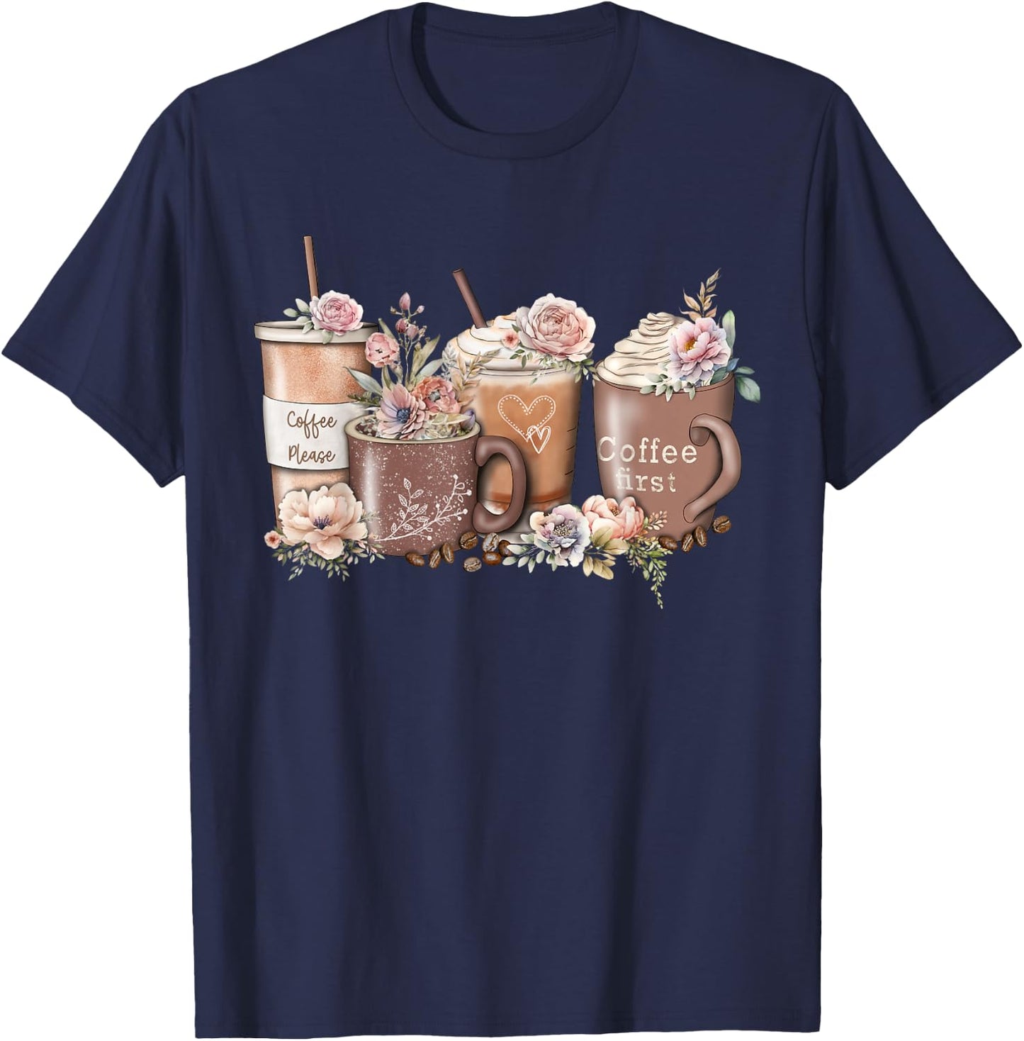 Floral Coffee Cup Iced Latte With Spring Flowers T-Shirt - T-Shirt | Navy