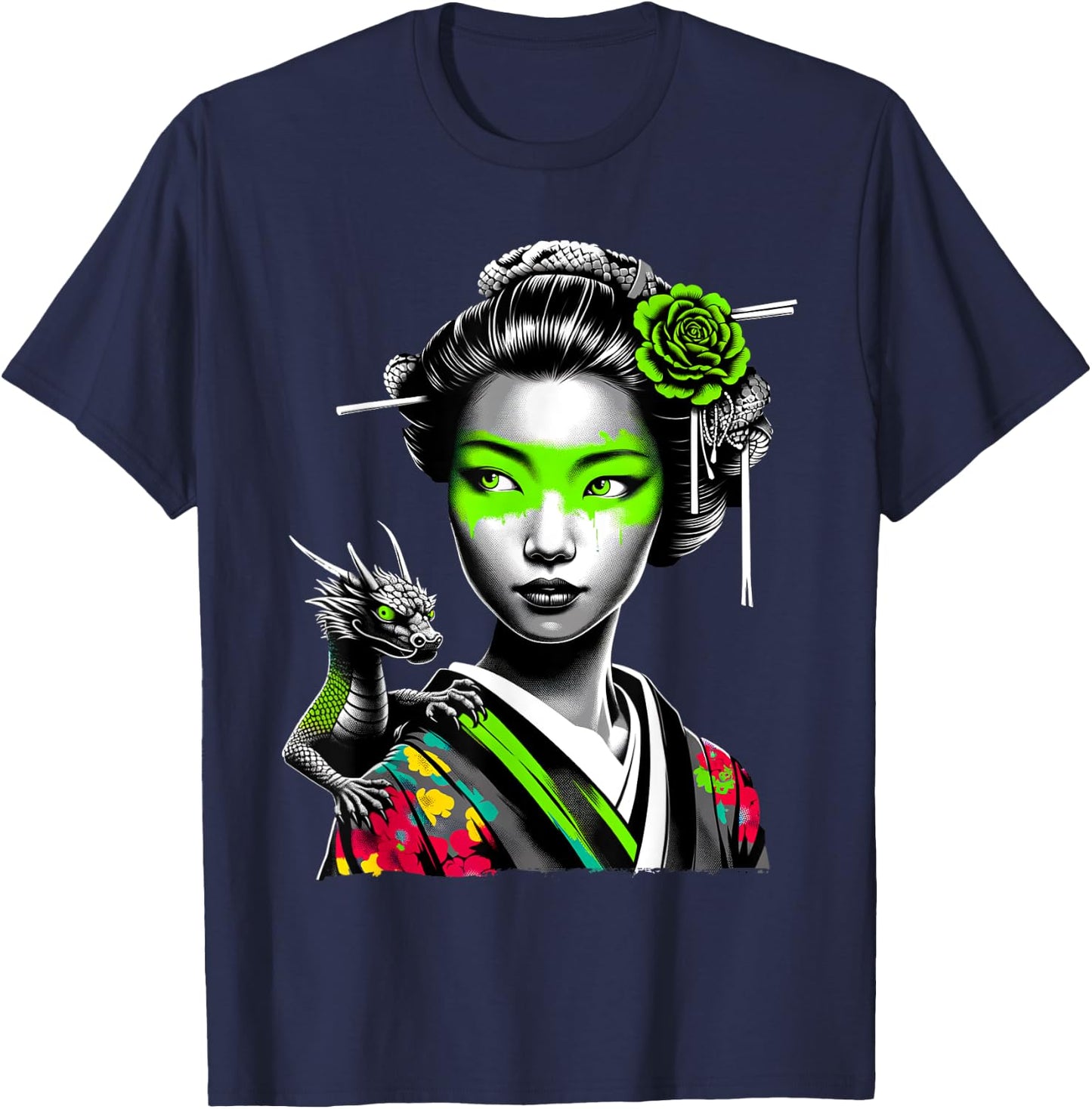 Japanese Girl and Dragon Animal Urban Art Aesthetic Graphic T-Shirt - T-Shirt | Navy