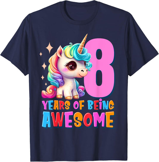 8 Years Old Unicorn Cute 8th Birthday Party Girls & Boys T-Shirt - T-Shirt | Navy