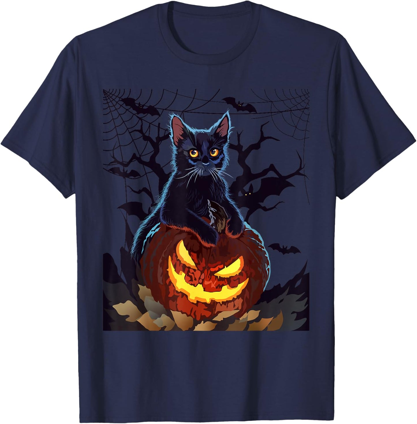 Cat With Pumpkin Halloween Bat Vintage Costume T-Shirt - T-Shirt | Navy
