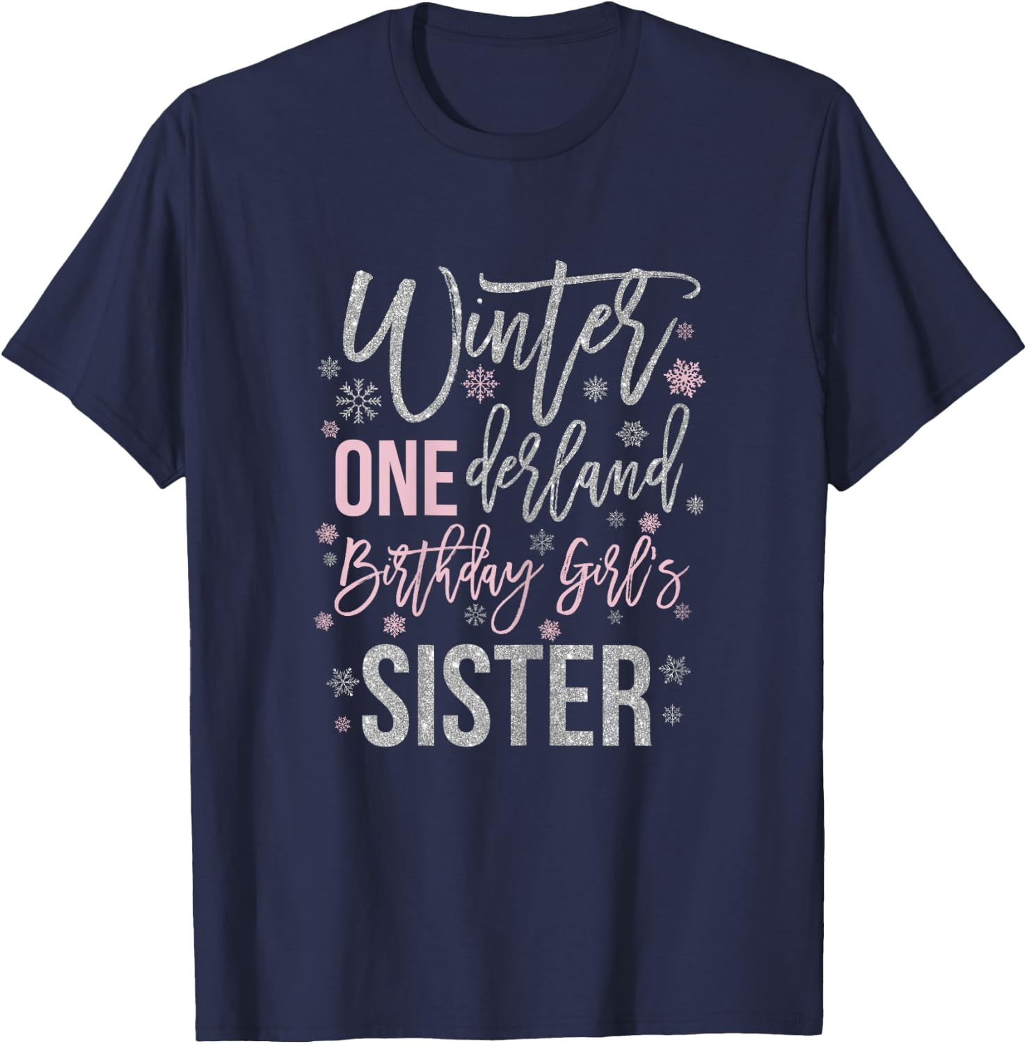 Sister Pink Winter Onederland 1st Birthday Snowflake Group T-Shirt - T-Shirt | Navy