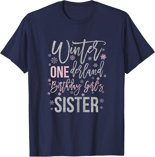 Sister Pink Winter Onederland 1st Birthday Snowflake Group T-Shirt - T-Shirt | Navy