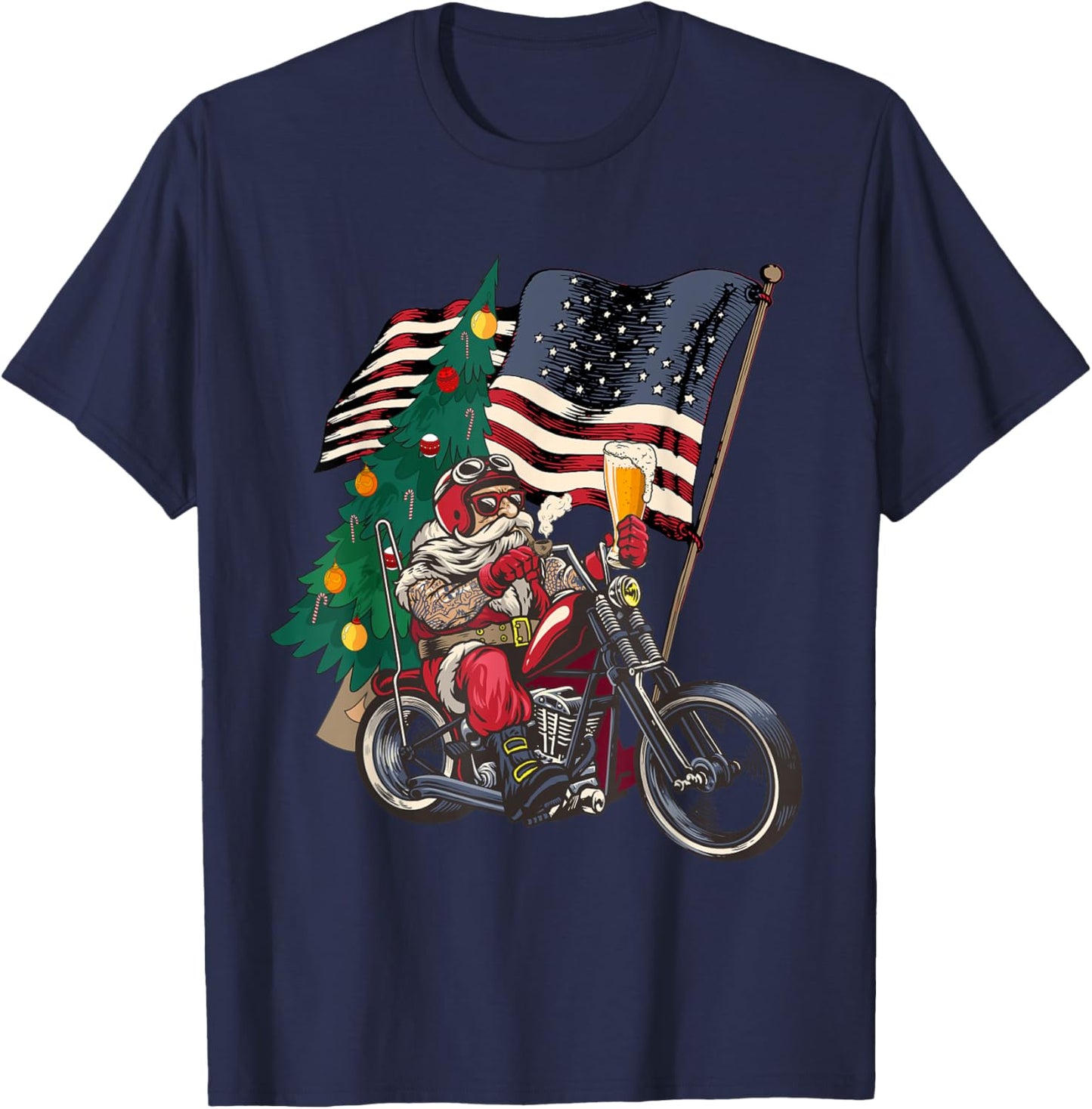 Santa Riding Motorcycle on Christmas - Biker US Flag T-Shirt - T-Shirt | Navy