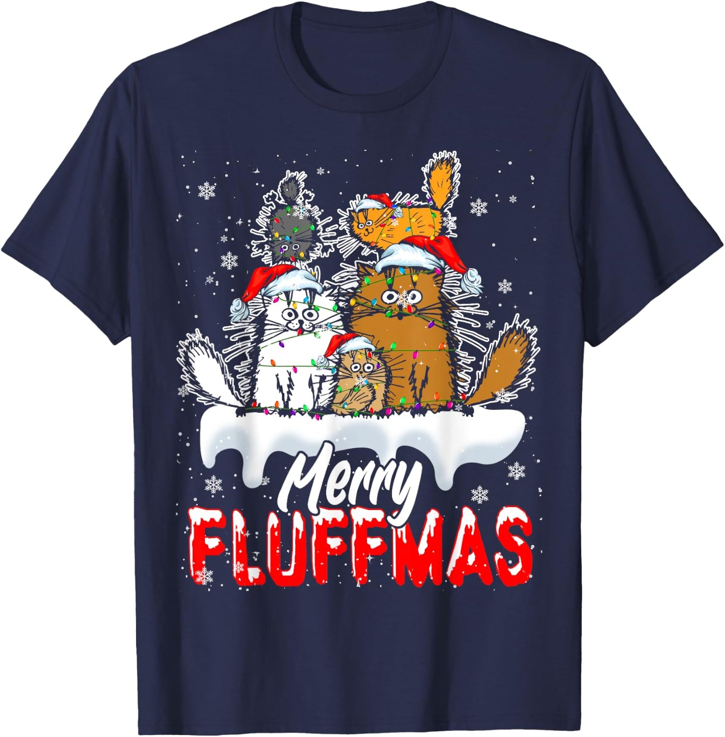 Merry Fluffmas Funny Christmas Lights Santa Cat Kitten Lover T-Shirt - T-Shirt | Navy