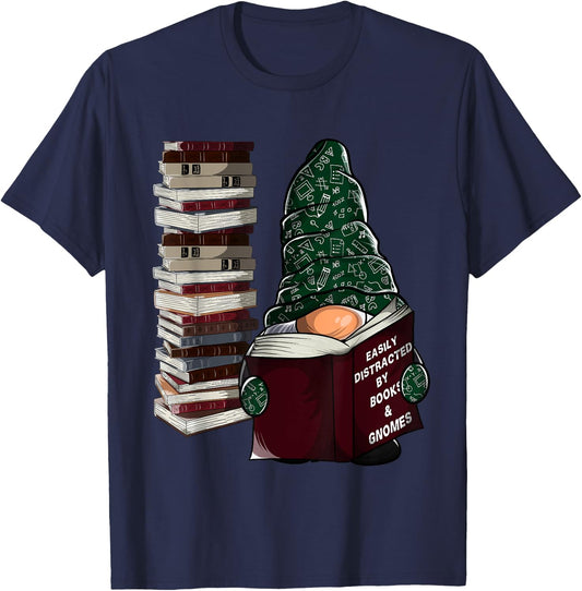 Easily distracted by books & gnomes, garden gnome book lover T-Shirt - T-Shirt | Navy