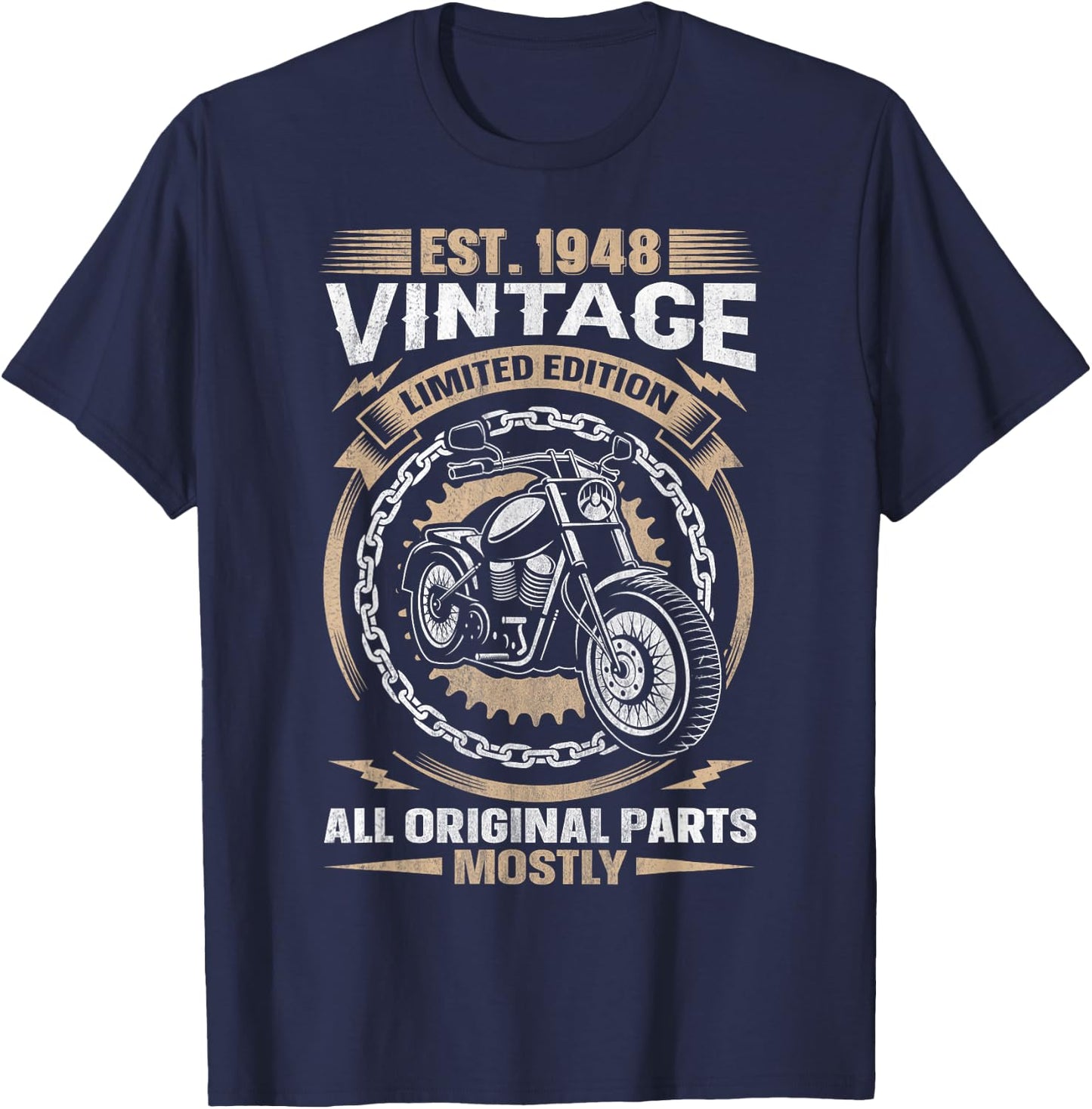 Est 1948 Vintage All Original Parts Motorcycle 76th Birthday T-Shirt - T-Shirt | Navy