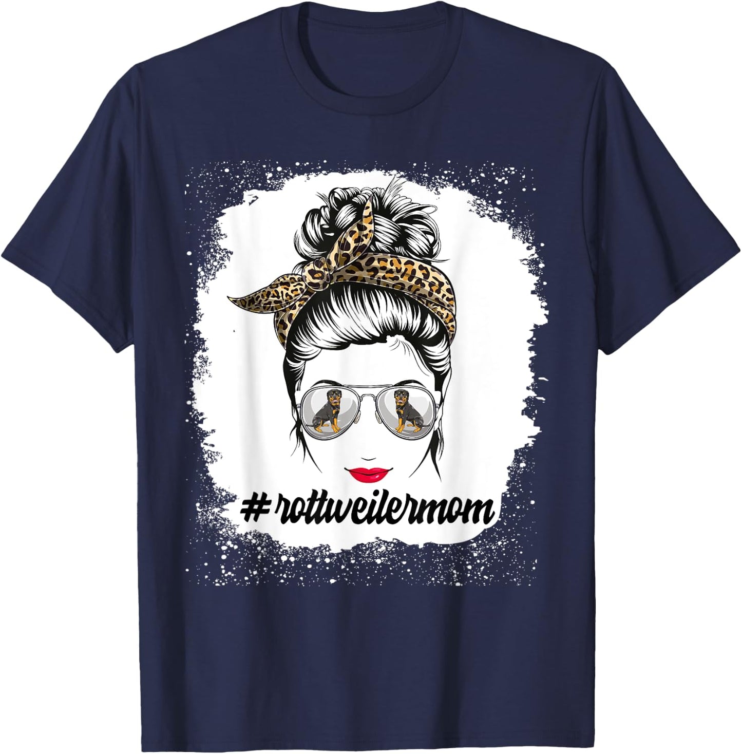 Rottweiler Dog Mom Bleached Messy Bun Leopard Women T-Shirt - T-Shirt | Navy