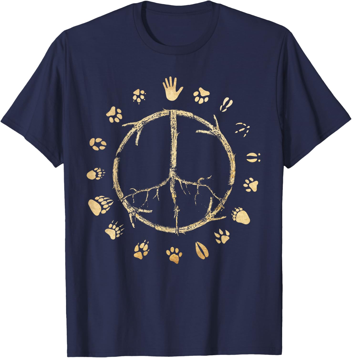 Animal Rights Awareness Peace Sign Tree Paw Print T-Shirt - T-Shirt | Navy