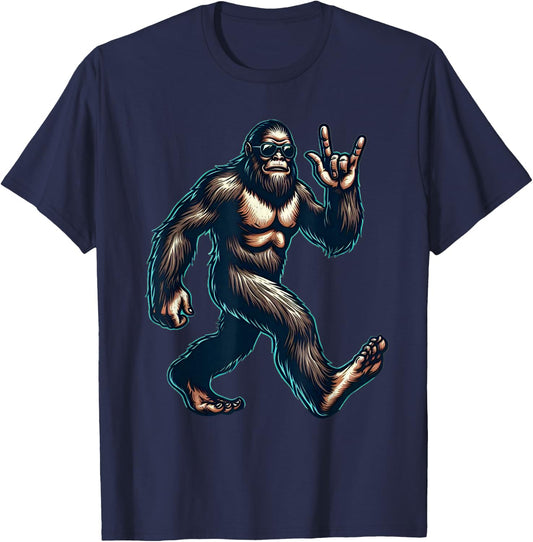 Bigfoot Sasquatch Loves Rock And Roll Dads Funny BigFoot T-Shirt - T-Shirt | Navy