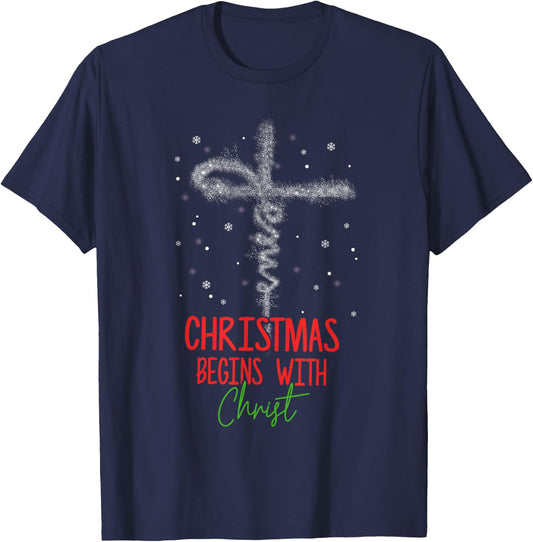 Christmas Begins With Christ Cross Christian Religious Xmas T-Shirt - T-Shirt | Navy