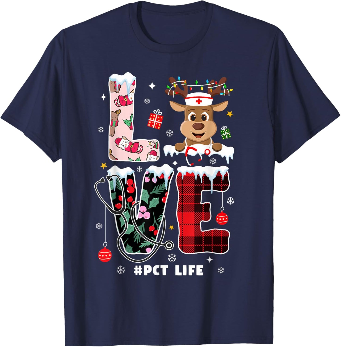 Love Patient Care Technician Xmas PCT Nurse Life Christmas T-Shirt - T-Shirt | Navy