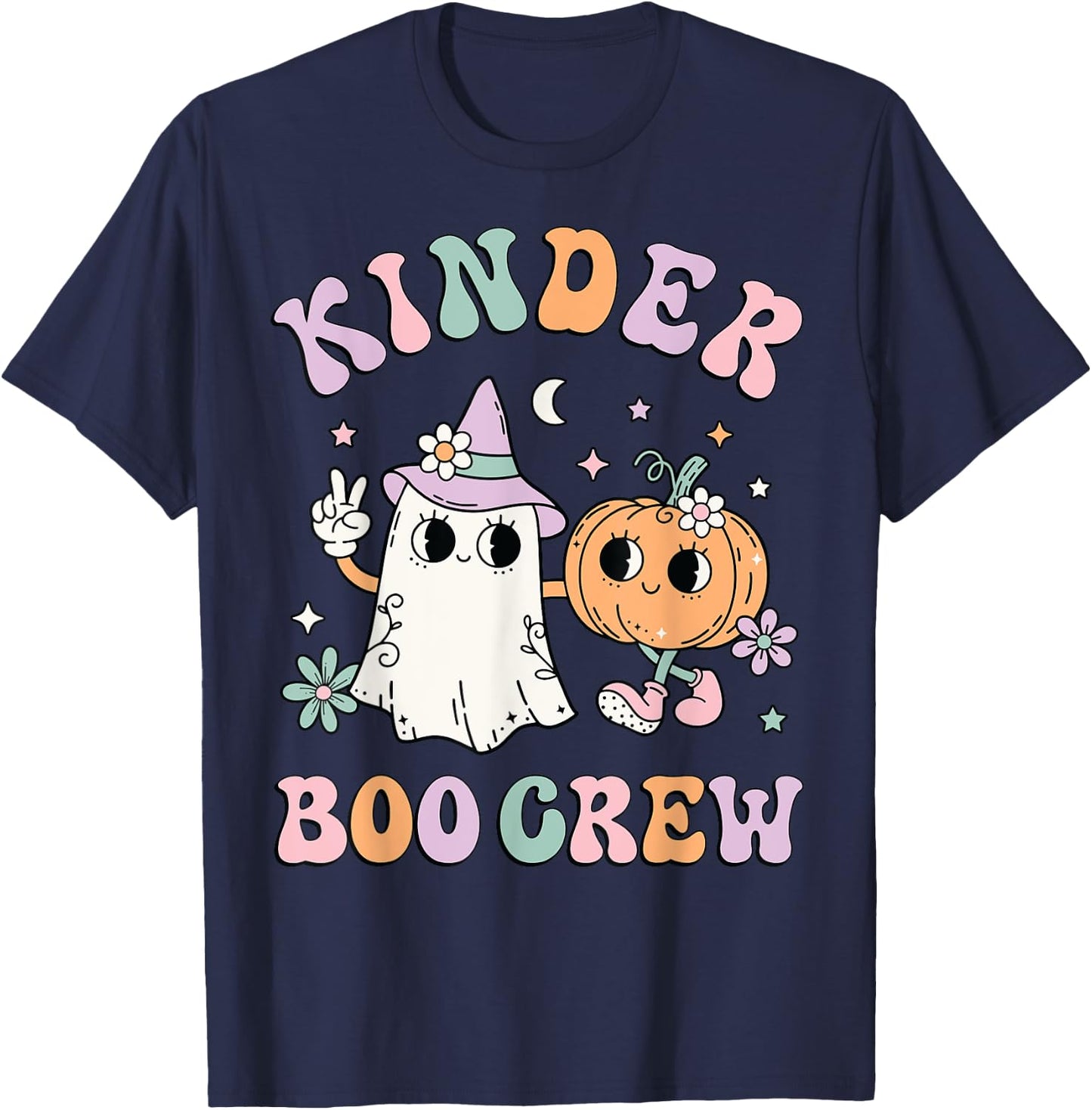 Kinder Boo Crew Halloween Floral Ghost Kindergarten Teacher Men Women Kids T-Shirt - T-Shirt | Navy