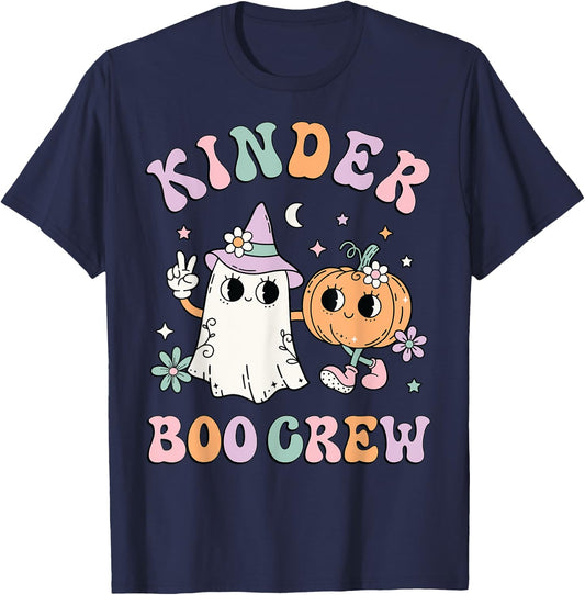 Kinder Boo Crew Halloween Floral Ghost Kindergarten Teacher Men Women Kids T-Shirt - T-Shirt | Navy