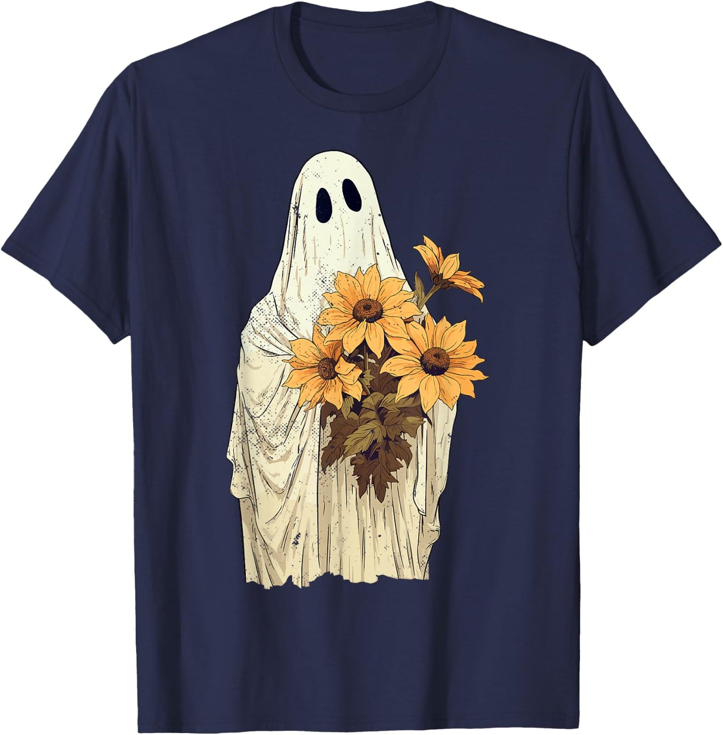 Vintage Floral Ghost Sunflowers Spooky Halloween Graphic T-Shirt - T-Shirt | Navy