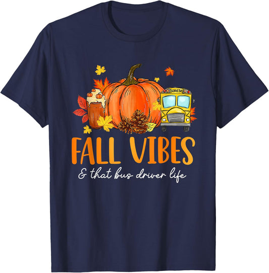 Fall Vibes & That Bus Driver Life Leopard Pumpkin Season T-Shirt - T-Shirt | Navy