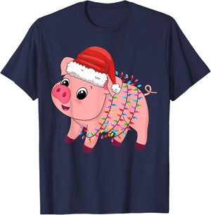 Christmas Lights Pig Wearing Xmas Hat - Pig Lover Farmer T-Shirt - T-Shirt | Navy