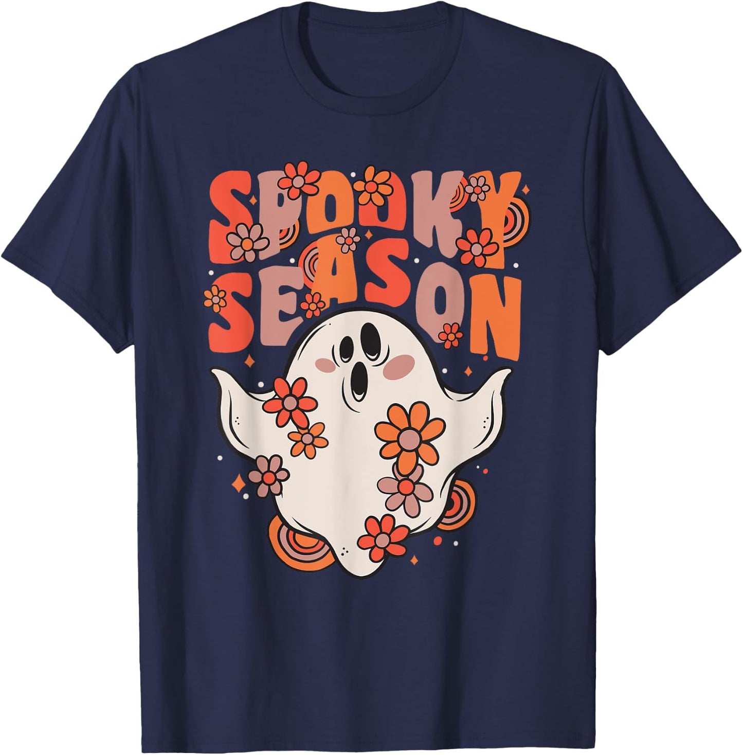 Spooky Season Groovy Ghost With Vintage Flowers Halloween T-Shirt - T-Shirt | Navy
