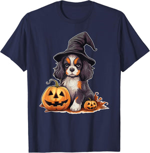 Halloween Witch Hat Pumpkin Dog Cavalier King Charles Women Kids T-Shirt - T-Shirt | Navy