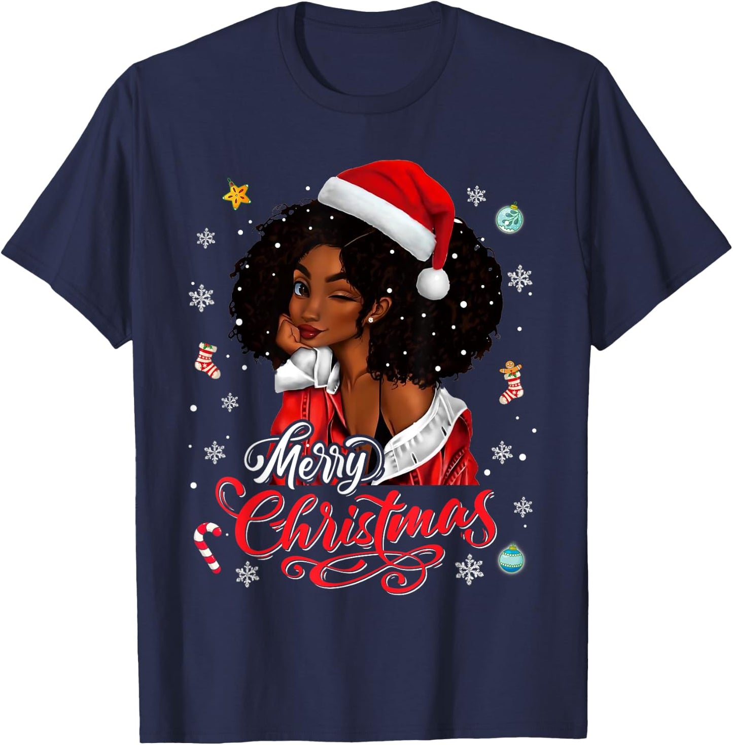 Merry Christmas Black Queen Girl African Santa Melanin Women T-Shirt - T-Shirt | Navy