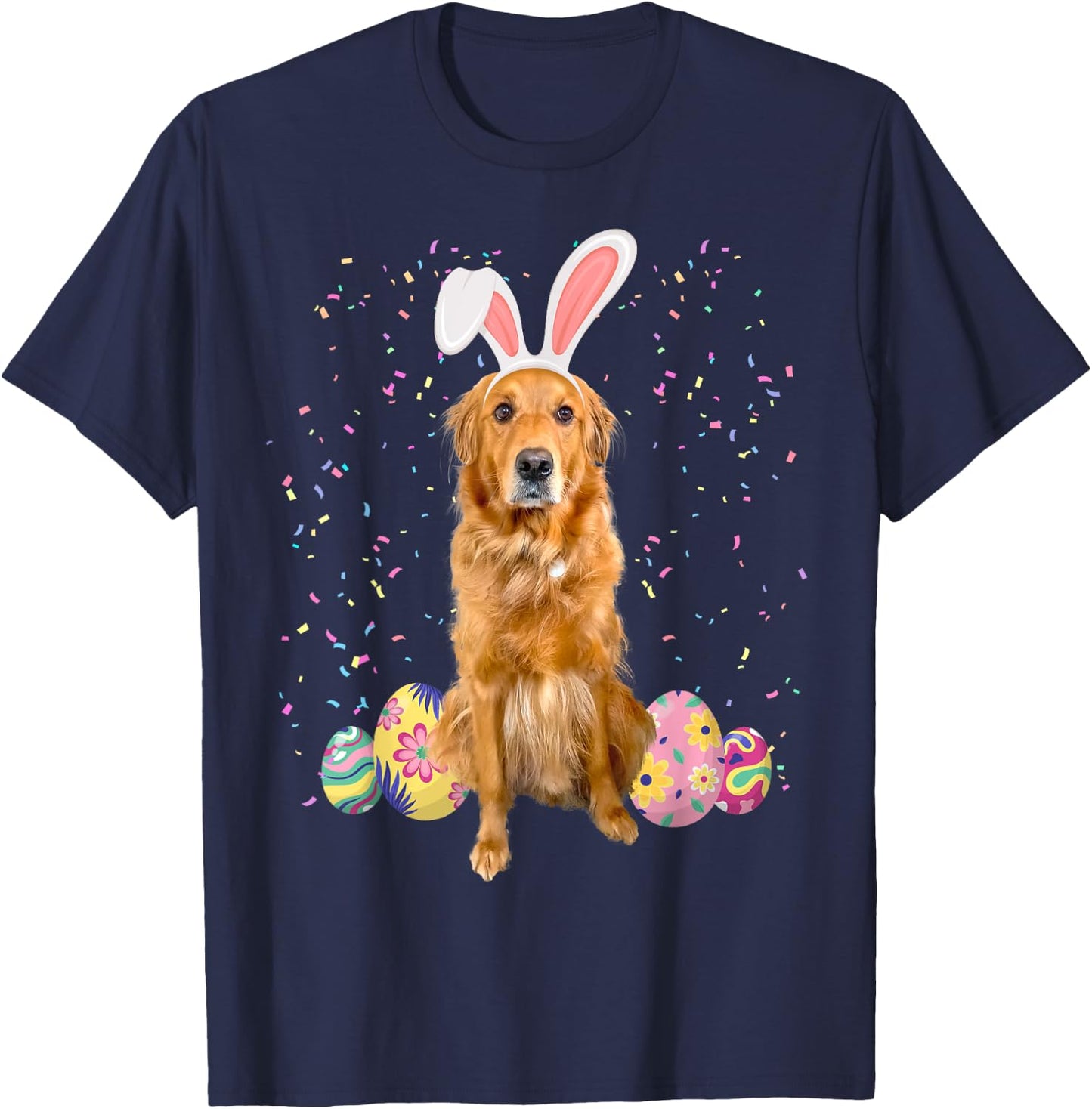 Cute Easter Golden Retriever With Easter Bunny Ears & Eggs T-Shirt - T-Shirt | Navy